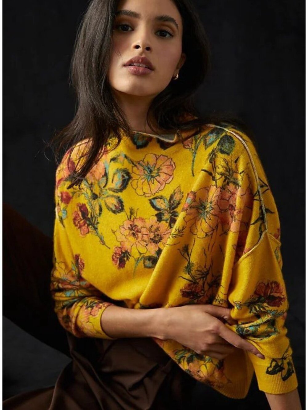 Pilcro Alani Cashmere Mock Neck Sweater Yellow Floral Size M